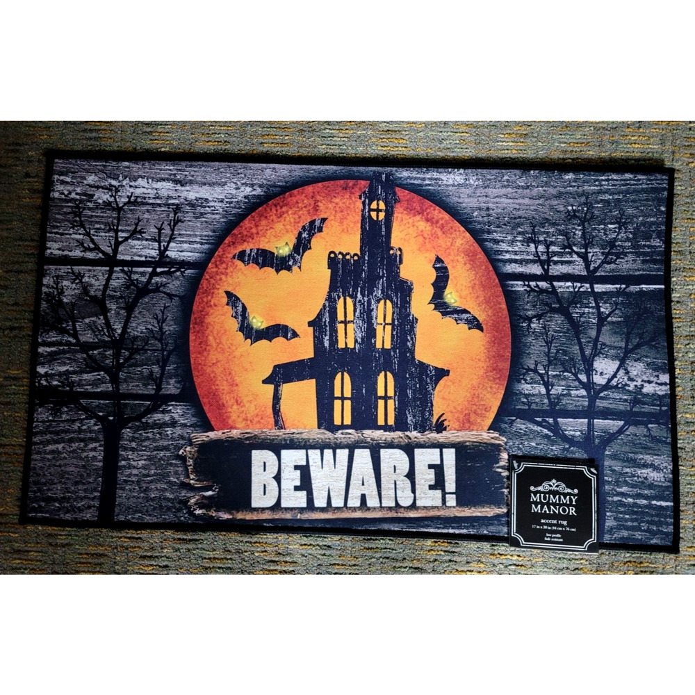 New HALLOWEEN Accent Rug 17" X 30" BEWARE/HAUNTED HOUSE Indoor/Outdoor
